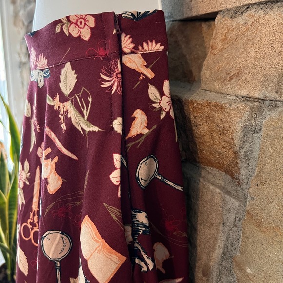 Modcloth Mystery Assistants Burgundy Midi Skirt Animal Dark Academia Sz XS - Picture 3 of 6